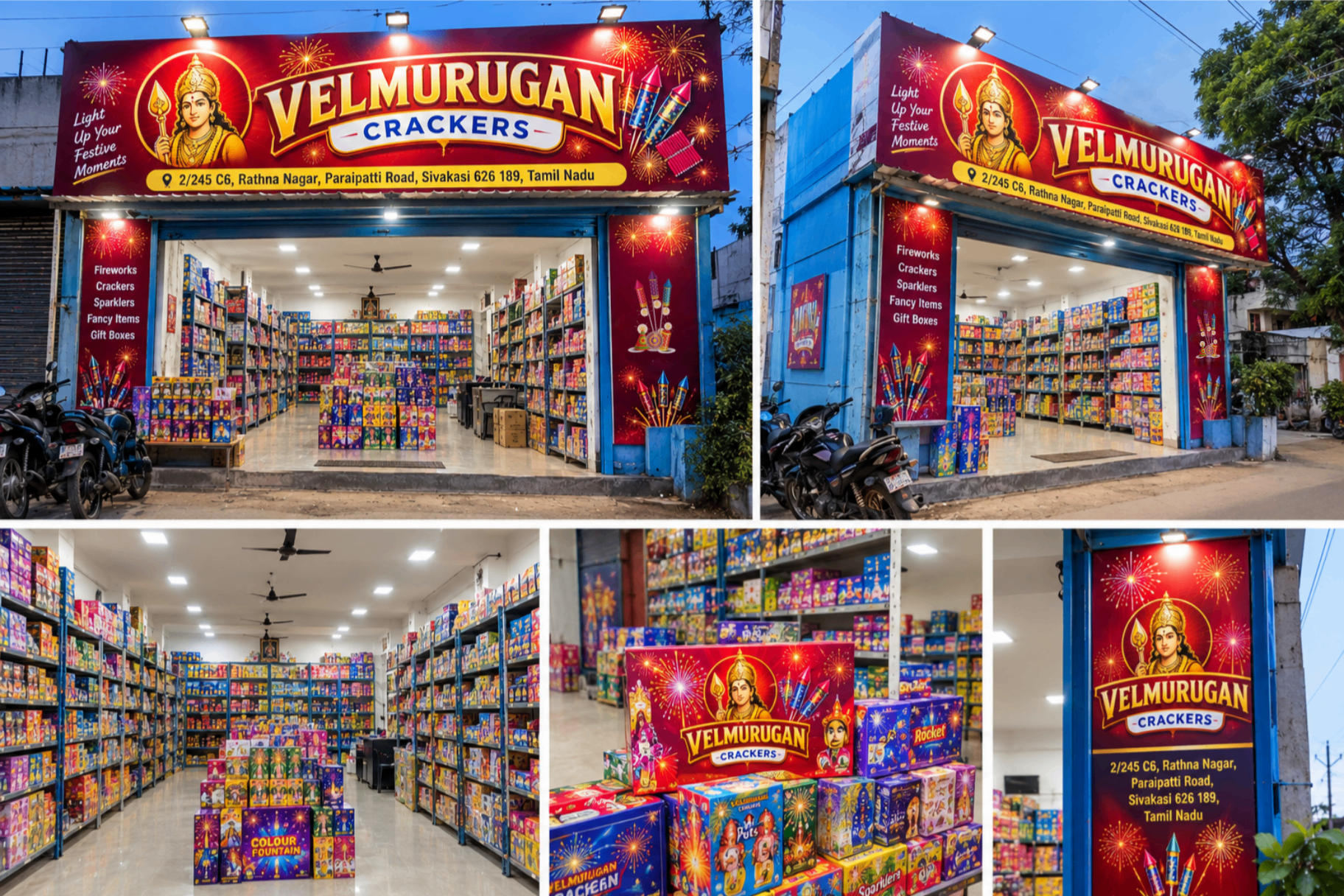Inside Velmurugan Crackers shop and product displays