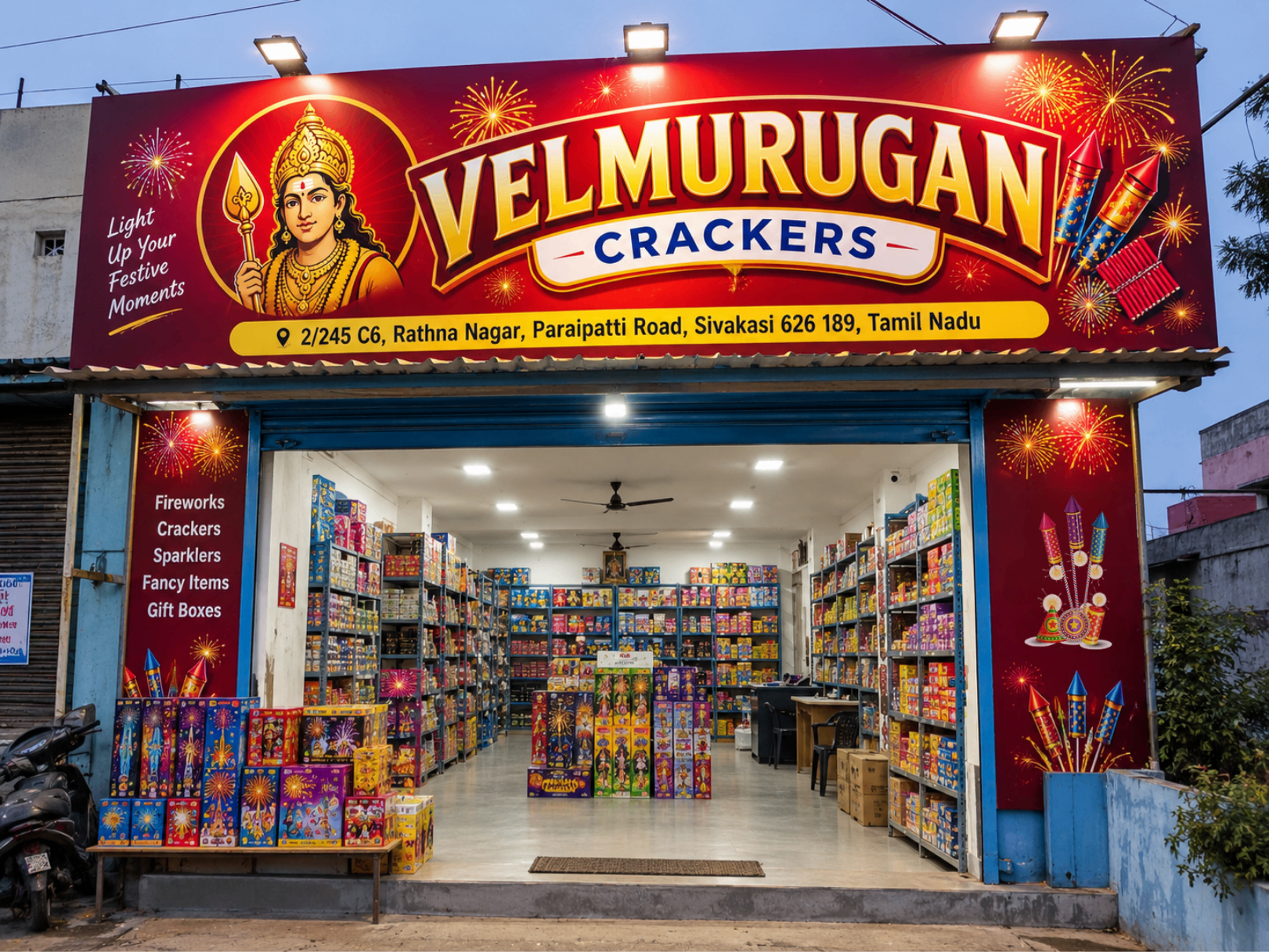 Velmurugan Crackers shop front at Rathna Nagar, Sivakasi